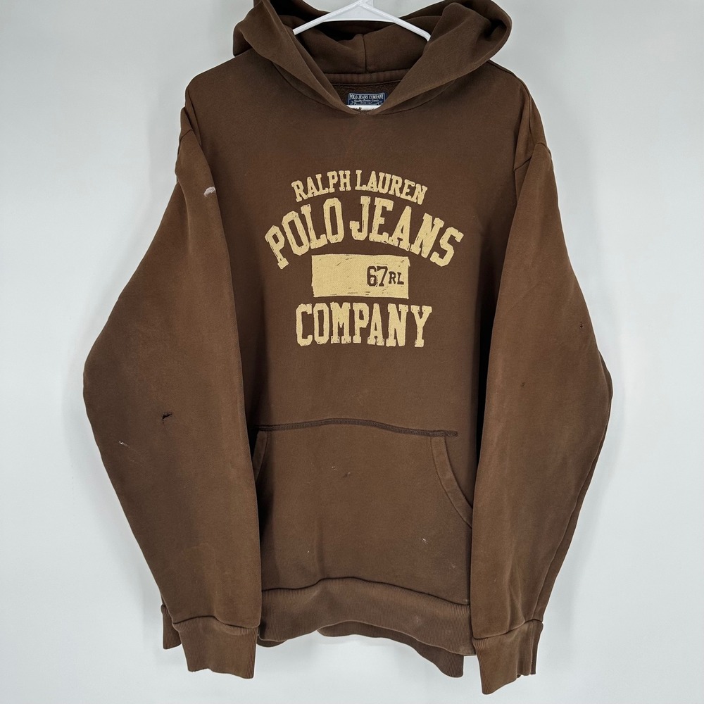 Vintage 90s Faded Ralph Lauren Polo Jeans Brown Hooded Sweatshirt XXL Spellout